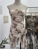 Solid Shot Tie Net Yarn Printing Irregular Ribbon Three-Dimensional Flowers Small Man With Chest Short Skirt Dress Dress