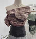 Real Shooting Can Wear Two-Wear Art Dizzy Net Yarn Spliced A Word Shoulder T-Shirt To Repair The Chest Short Babes Top