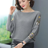 Embroidery Batwing Sleeve O-Neck Spring Sweaters Women Casual Loose Knitted Pullovers Large Size Knitwear Tops