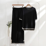 Fongt Simple Splicing Loose Short-Sleeved Sweater Top High Waist Thin Leg Pants Two Sets