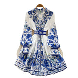 Fongt Spring Dress New Dress Women 2025 Fashion Suit Collar Long Sleeves To Roll Print A-Word Skirt