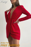 V Neck Folds Evening Mini Dresses Women Long Sleeve Solid Night Chain Office Lady Autumn Sexy Party Dress Fashion