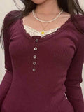 Solid Lace Trim Breasted Long Sleeve Knit-Outfit