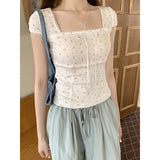 Lace Trim Square Collar Bow Short Sleeve Tee-Outfit