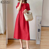 Elegant Solid Vestido ZANZEA Fashion Short Sleeve Robe Casual Daily Cotton A Line Dresses 2021 Summer Midi