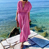 Fongt Hot Style Women's Fashion Deep V Collar Long Print Beach Holiday Dress-Outfit