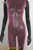 Sale Fishnet Bling Crystal Diamonds Dress Grid Sleeveless O Neck Sexy See Through Women Skinny Mini Dresses Night