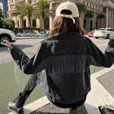 Short Jacket Women's 2022 Spring Fall New Chains Fringe Loose High-Waist Jeans Top Female Black Jean Coats Students