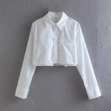 Trend Women's Lapel Long Sleeves Chest Pocket Short Shirt Single-Breasted Solid Color Blouse-Outfit