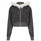 Fongt Spliced Zipper Hooded Jacket Woman 2025 Autumn And Winter Retro Letter Embroidery Short Top