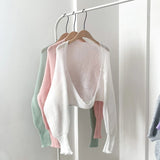 Women Spring Summer Soft Sweaters Cardigans Lady Solid Shawl Female Long Puff Sleeve Short Knitted Coat-Outfit