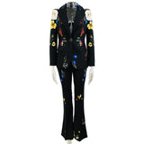 Fongt New Star Temperament Fashion Digital Print A Buckle Suit Horn Trousers Set