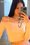 Shirt Long Sleeve Top Off Shoulder Crop Top Chain Hollow Out T-Shirts Yellow Tees Solid Slim Black Streetwear Y2K