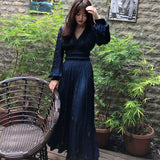 Blue Vintage Dress For Women V Neck Puff Long Sleeve Pleated Ankle Length Dresses Female Fashion Clothes 2022