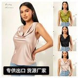 New Summer Satin Heap Collar Solid Color Sleeveless Vest Sleeveless Blouse-Outfit