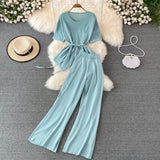 Suit Goddess Fan Irregular Round Collar Knit Blouse Two-Piece Set Of High Waist Thin Wide Leg Trousers-Outfit