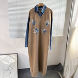 Fongt 2025 New Cowboy Splicing Knitted Two-Piece Collar Dress Flower Nails Decorated Long Dress Woman