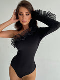 Ruffles Solid One Shoulder Long Sleeve Patchwork Sexy Bodycon Bodysuit Fall Women Party Romper Halloween Costumes-Outfit