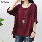 ZANZEA Retro Womens O Neck Long Sleeve Split Baggy Cotton Solid Casual Loose Solid Tops Shirt Party Blouse