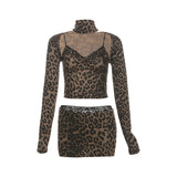 Fongt Autumn Women's New Sexy Hot Babes Leopard Print Tops Lace Splicing Skirt Dress Suit Woman
