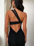 Sexy Black Maxi Dress One Shoulder Sleeveless Pleated Long Summer Dress Elegant Party Evening Porm Dresses for