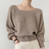 New Style Square Collar Bubble Lantern Sleeve Blouse Short Style Loose Knitted Sweater Woman-Outfit