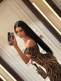 Slash Neck Leopard Print Midi Dress-Outfit