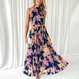 Fongt Spring/Summer Hanging Neckless Printed Vacation Dress