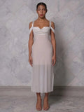 Silver Bustier Off-Shoulder Mesh Midi Dress-Outfit