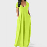 Fongt New Plus-Size Women's Solid Color Dress Sexy Deep V Short-Sleeved Dress-Outfit