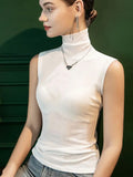 Autumn Basic Mesh Tank Girls Turtleneck Elastic Slim Sheath Top Female Solid Simple Sleeveless Tees Tshirts-Outfit