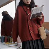 Horn Button Sweater Jacket New Style Loose Lazy Wind Round Neck Sweater Trend In Autumn And Winter-Outfit