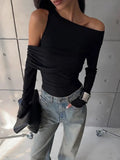 Black Asymmetrical Cut Out Off Shoulder Long Sleeve Top-Outfit