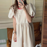 Chic Summer Round Neck Robe Contrast Color Lace Bow Polka Dot Puff Sleeve Women Midi