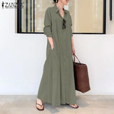 ZANZEA Women Shirt Dress Autumn Lapel Neck Long Sleeve Maxi Sundress Elegant Office Work Solid Long