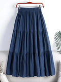 Linen Casual Elastic Waist A-LINE Long Skirts for Women Fashion 2023 LOOSE Splice Solid Vintage Harajuku Black