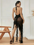 Black Mesh Fringe Ruffle Open Back Midi Dress-Outfit