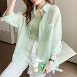 Fongt Striped Sunscreen Women's Spring And Summer 2025 New Thin Thin Chiffon Shirt Mid-Long Open Shirt