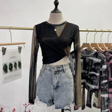 Real Shooting Front Double-Layer Tie-Dye Printing Mesh Long-Sleeved Top Short High-Waisted T-Shirt T-Shirt