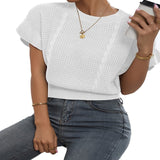 Fongt New Twisted Rope Flounce Short Sleeve Round Collar Knit Sweater Women Top-Outfit