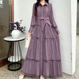 Fongt High-End Retro Collar Single Buckle Lantern Sleeve Dress Women's Hollow Lace To Receive Long Waist Skirt
