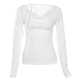 Solid Collar Neck Tie Long Sleeve Knitted Tee-Outfit