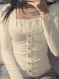 Fleece Bow-Neck Ribbed Lace Blouse-Outfit