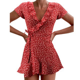 Women Boho Beach Dress Ruffle V Neck Short Sleeve Little Flowers Printing High Waist Mini Vestidos Casual Party