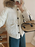 Raccoons Big Hair Collar Tooling Down Jacket Female Short Style 2024 Winter New Style Advanced Sense Korean Version Add Thick White Duck Down Coat-Outfit