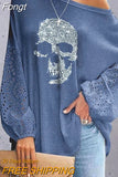 Women Sexy Skew Collar Casual Blouse Elegant Femme Skull Print Office Shirt Blusa Spring Autumn Hollow Batwing Sleeve