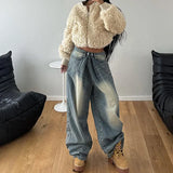 Fongt Wash Water Waist Pleated Foundation Casual Jeans Street New Loose Show Thin All Go With Wide Leg Trousers-Outfit
