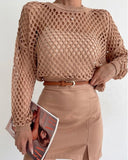 Fongt Spring And Summer New Knitted Shirt Horn Sleeve Loose Round Collar Hollow Sweater Woman