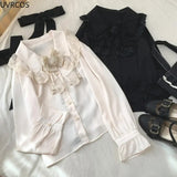 Vintage Lolita Blouses Women White Kawai Lace Peter Pan Collar Rose Bow Chiffon Shirts Black Elegant Long Sleeved Top-Outfit