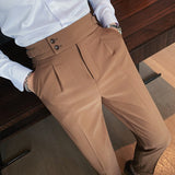 New Design Men High Waist Trousers Solid England Business Casual Suit Pants Belt Straight Slim Fit Bottoms White